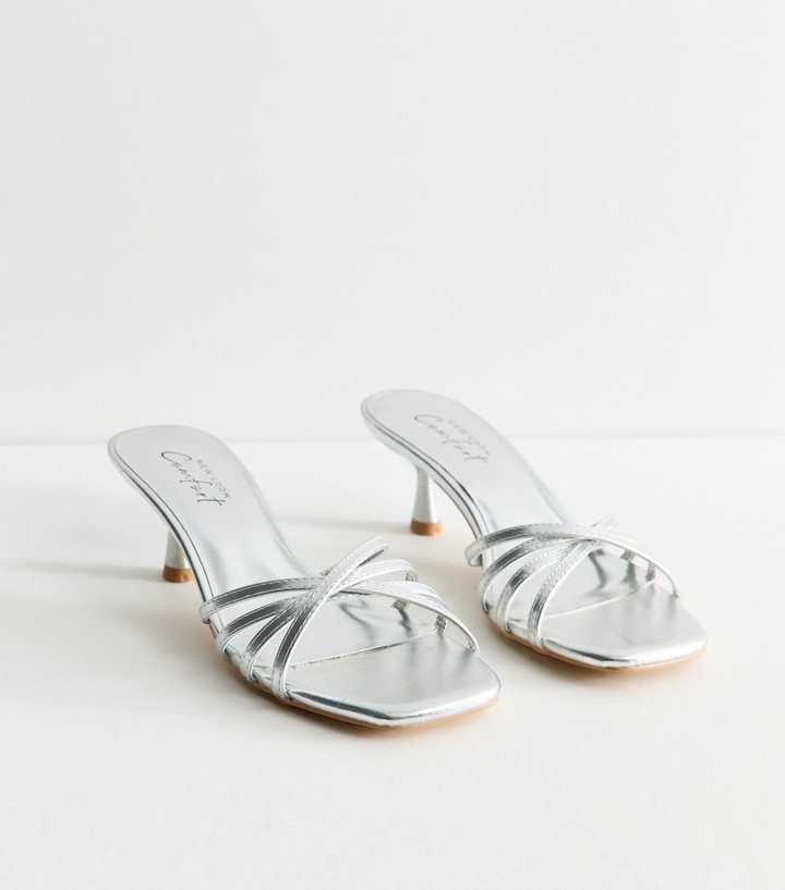 Silver Faux Leather Strappy Kitten Heel Mules
