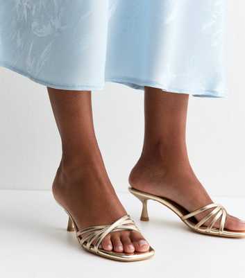 Gold Faux Leather Strappy Kitten Heel Mules