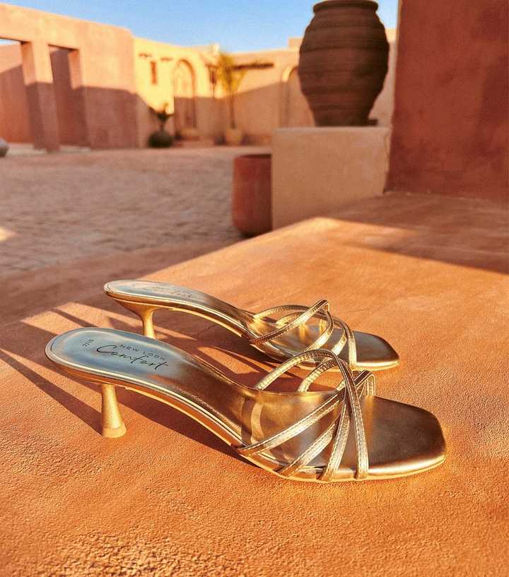 Gold Faux Leather Strappy Kitten Heel Mules