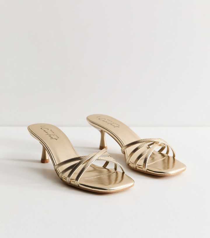 Gold Faux Leather Strappy Kitten Heel Mules