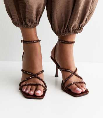 Dark Brown Beaded Strap Stiletto Sandals