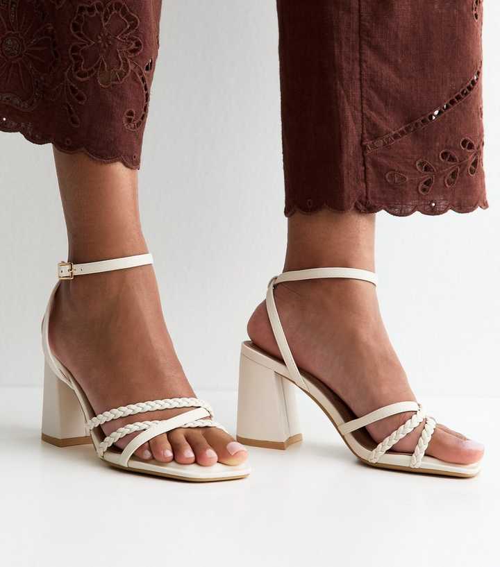 Wide Fit Off White Faux Leather Braided Strap Sandals