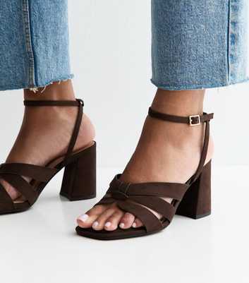 Wide Fit Dark Brown Faux Suede Block Heel Sandals