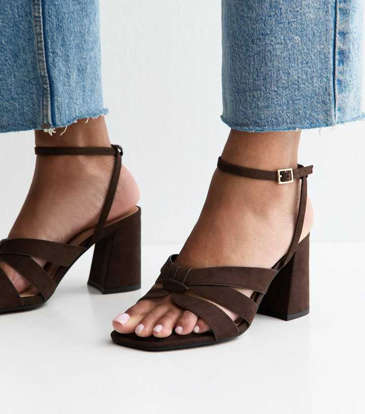 Wide Fit Dark Brown Faux Suede Block Heel Sandals