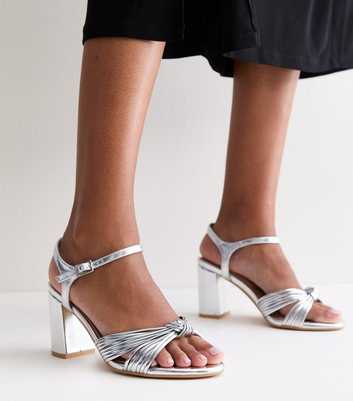 Silver Wide Fit Faux Leather Knot Block Heel Sandals