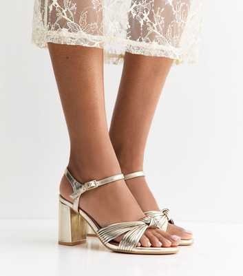 Wide Fit Gold Knot Strap Block Heel Sandals
