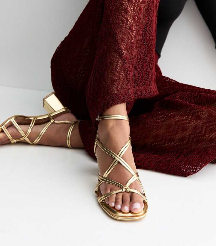 Wide Fit Gold Faux Leather Strappy Block Heel Sandals