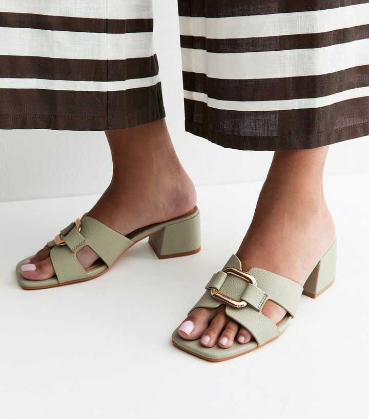 Wide Fit Light Green Rectangle Buckle Block Heel Mules