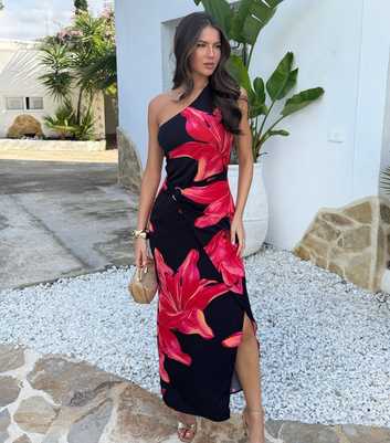 AX Paris Black Floral One Shoulder Midi Dress