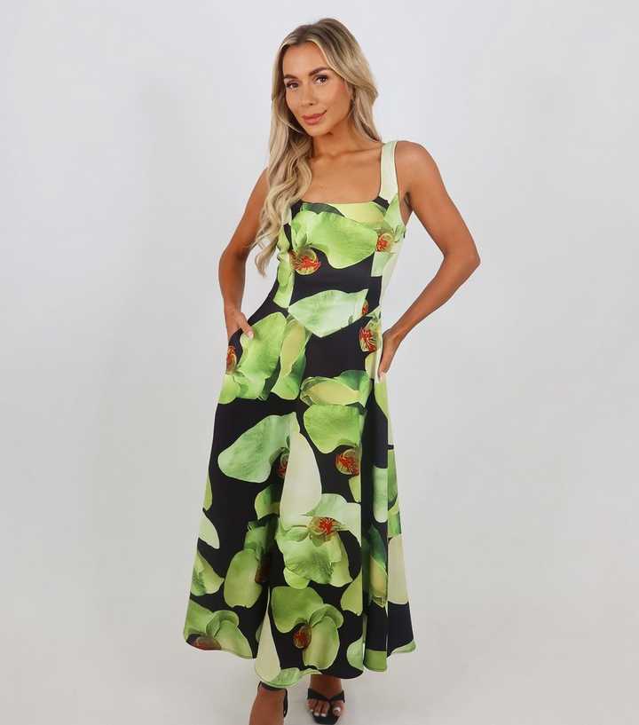 AX Paris Black Floral Square Neck Midi Dress AX Paris Black Floral Square Neck Midi Dress