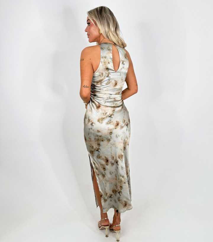grey satin midi dress Grey Satin-Silk Midi Dress: Elegant Wide Long Sleeves