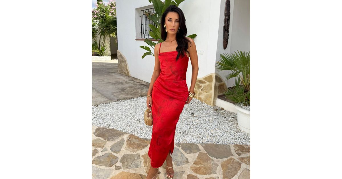 fitted lace wedding dress LADY IN RED COWL NECK MIDI DRESS – AKIRA main image 1