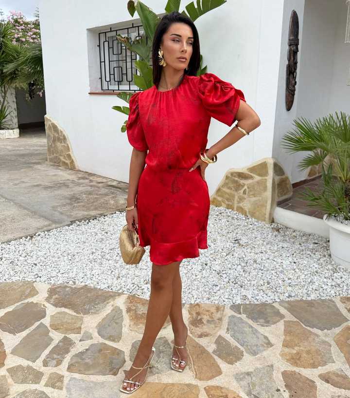 strapless open back dress Red Puff Sleeve Quinn Midi Dress