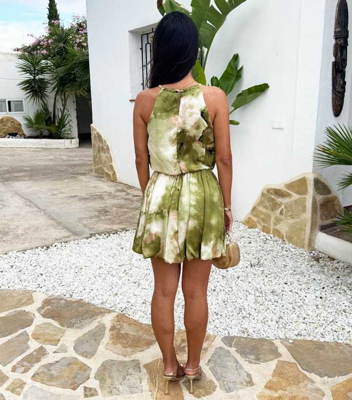 AX Paris Green Printed Bubble Hem Mini Dress | New Look