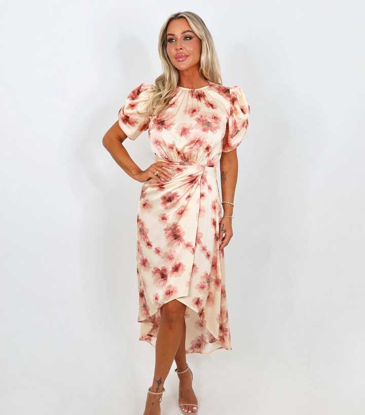 AX Paris Pink Satin Floral Puff Sleeve Midi Dress