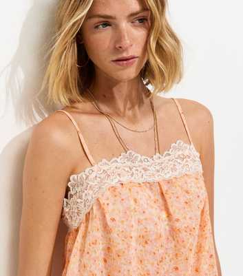 Pink Floral Chiffon Lace Trim Cami Top