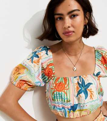 Multicoloured Patchwork Print Bubble Hem Crop Top