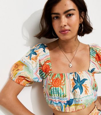 Multicoloured Patchwork Print Bubble Hem Crop Top | New Look