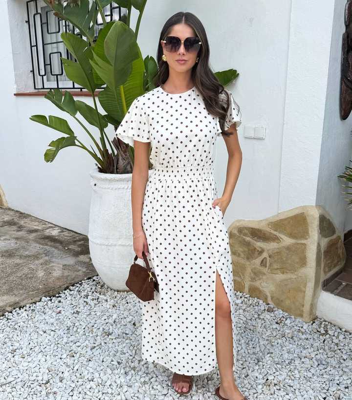 AX Paris Cream Polka Dot Flutter Sleeve Midi Dress
