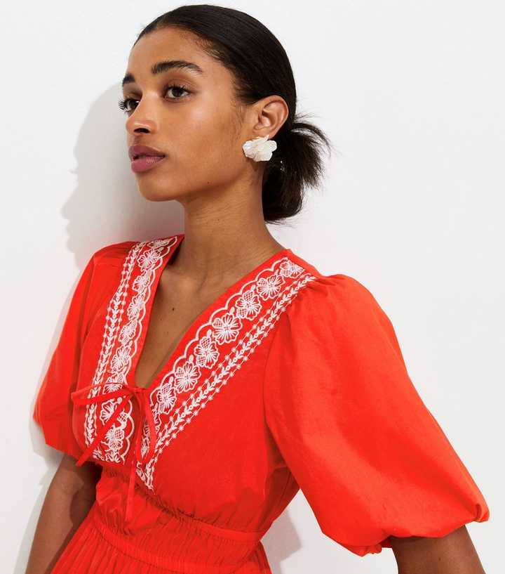 Bright Red Cotton Embroidered Trim Tea Blouse