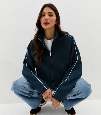 Premium Navy Contrast Piping Zip Through Top