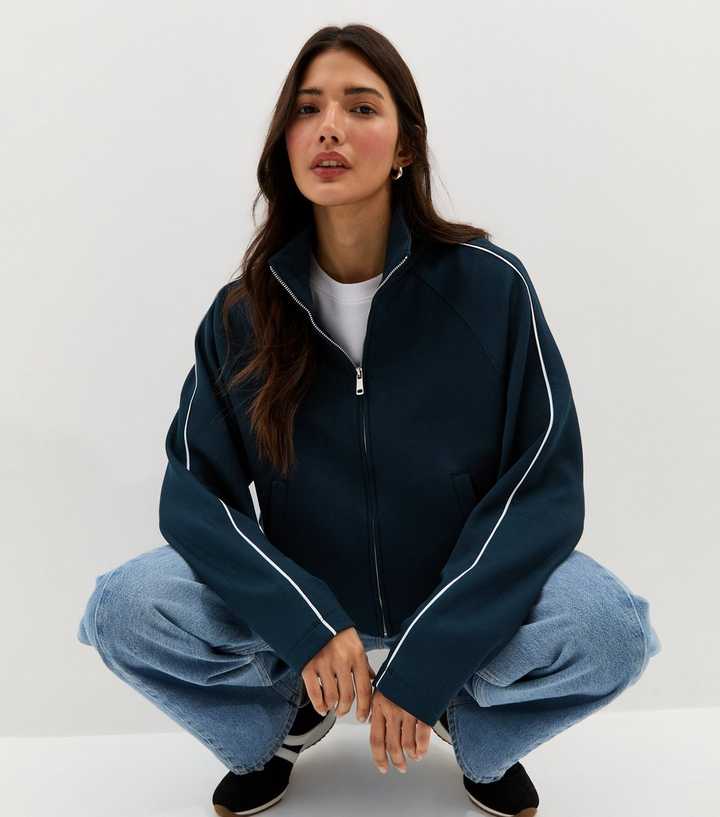 Premium Navy Contrast Piping Zip Through Top