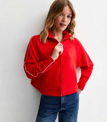 Premium Red Jersey Contrast Piping Zip Up Sweatshirt