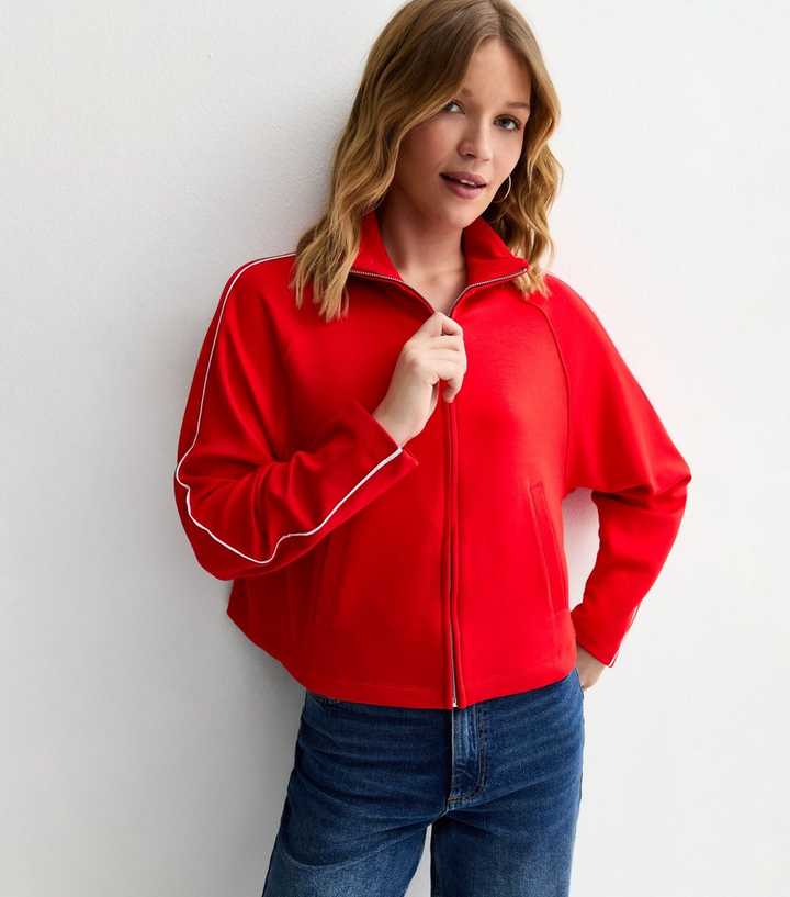 Premium Red Jersey Contrast Piping Zip Up Sweatshirt