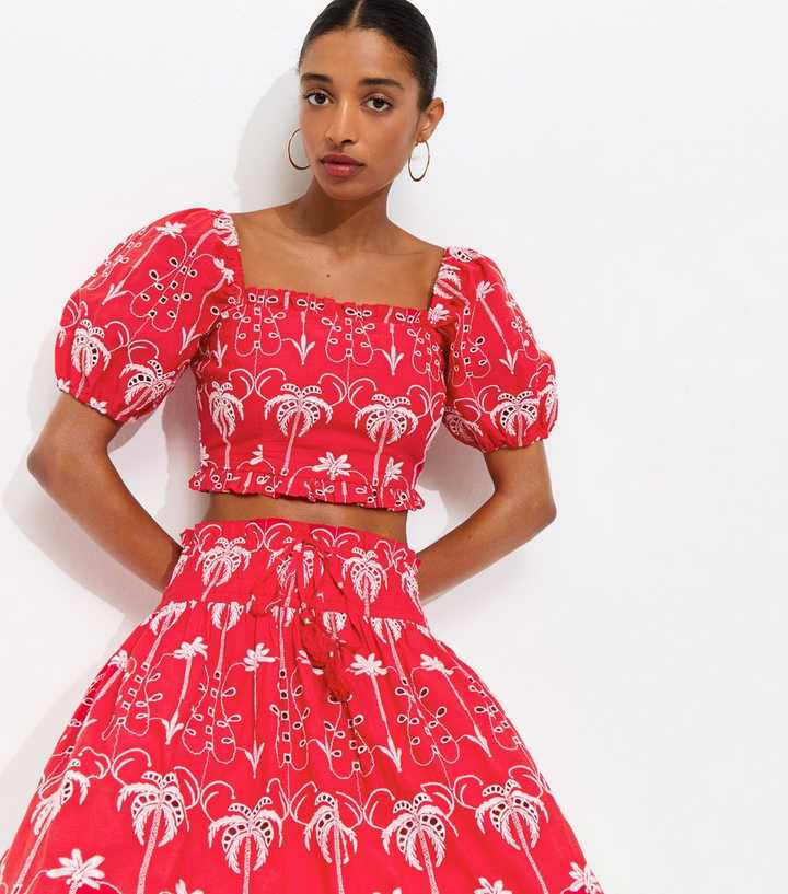 Red Cotton Broderie Palm Tree Crop Top