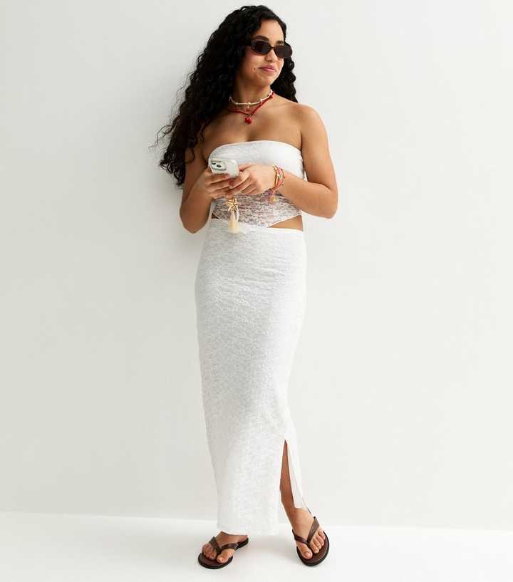 Girls White Maxi Lace Fitted Skirt