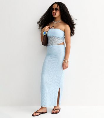Girls Light Blue Maxi Lace Fitted Skirt