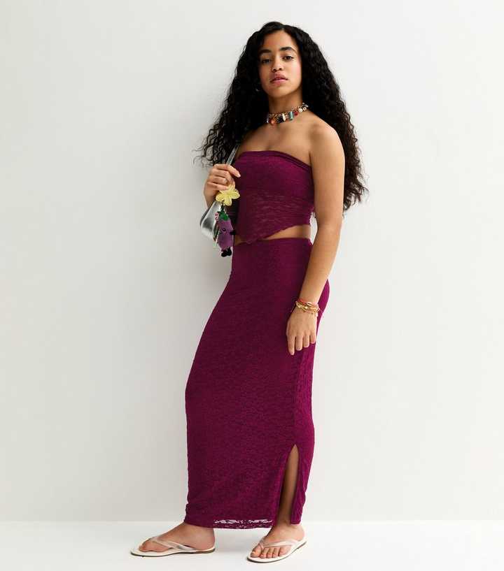 Girls Plum Maxi Lace Fitted Skirt