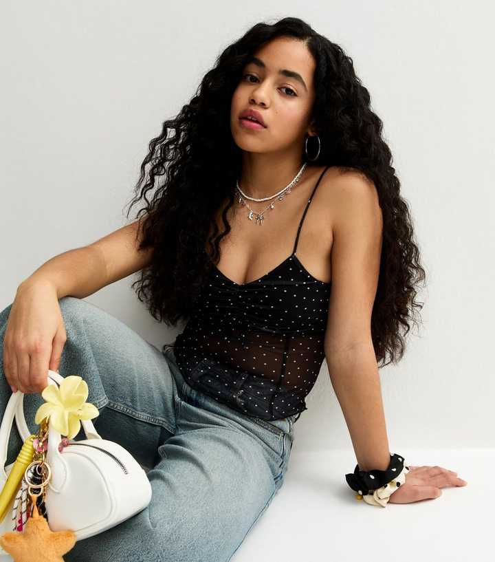 Girls Black Spot Mesh Cami Top