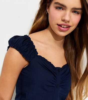 Girls Navy Pintuck Button Front Top