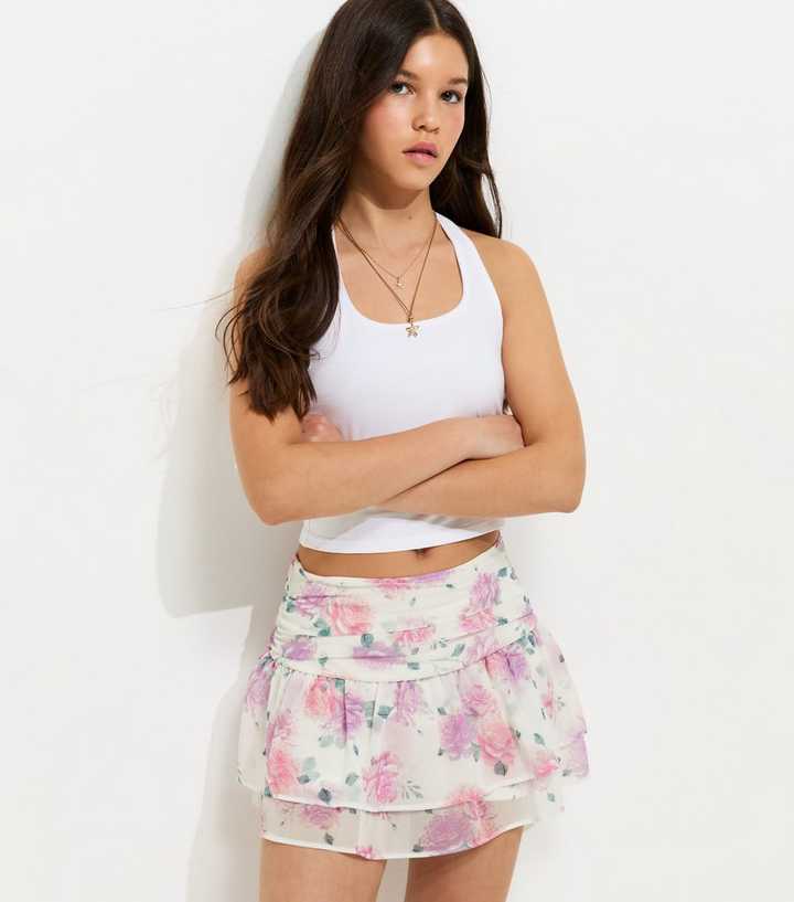 Girls White Chiffon Ruched Floral Rara Skort