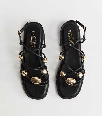 Black Faux Leather Stappy Metal Detail Flat Sandals