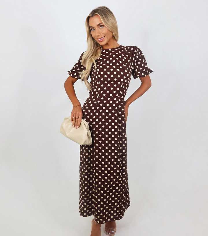 AX Paris Brown Polka Dot Puff Sleeve Midi Dress