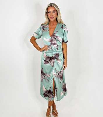 AX Paris Mint Green Floral Ruched Midi Dress