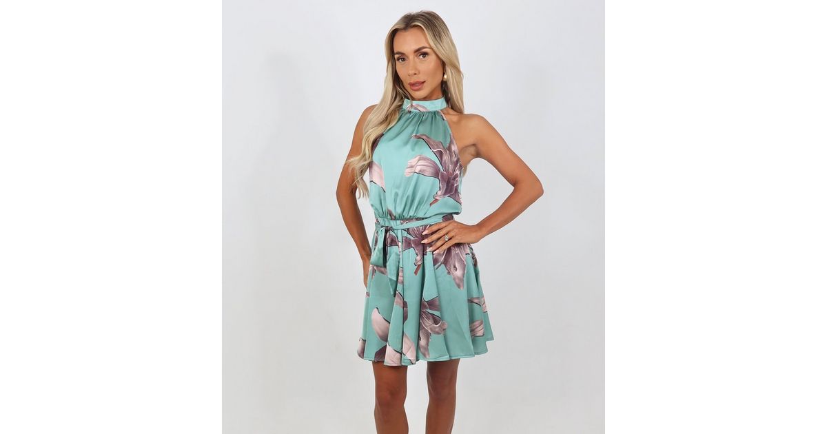 AX Paris Mint Green Floral High Neck Mini Dress | New Look
