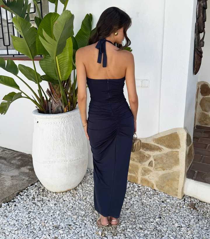 ax paris navy blue dress AX Paris Navy Wrap Front Knotted Midi Dress