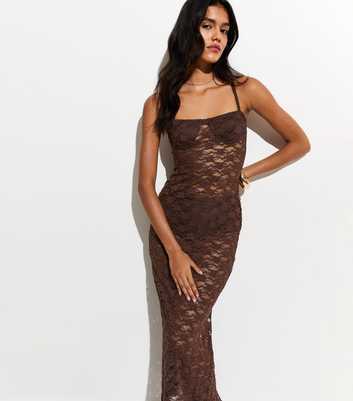 Dark Brown Semi Sheer Lace Beach Maxi Dress