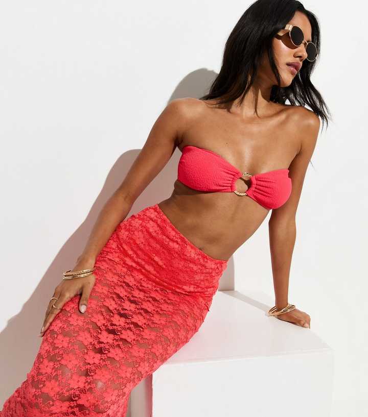 Dark Coral Lace Column Beach Maxi Skirt