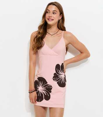 Girls Light Pink Hibiscus Print Dress
