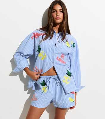 Blue Pina Fresca Striped Embroidered Shorts