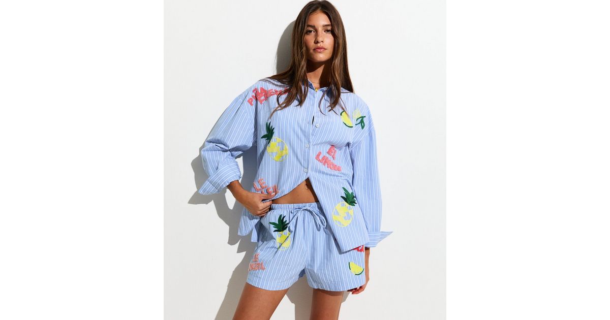 Blue Pina Fresca Striped Embroidered Shorts