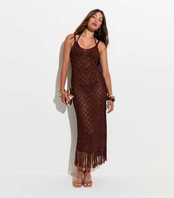 Brown Bead Crochet Tassle Maxi Beach Dress