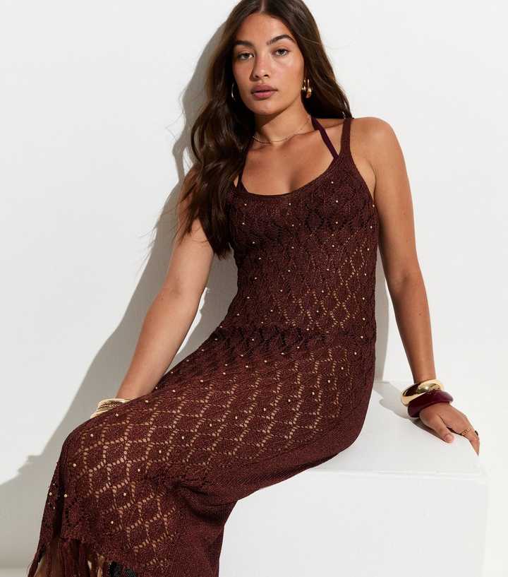 Brown Bead Crochet Tassle Maxi Beach Dress | New Look