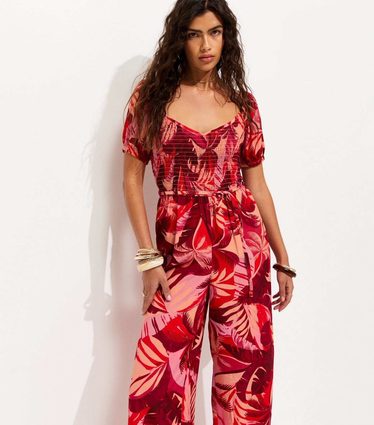 Women's Red Crepe Tropical Shirred Jumpsuit New Look