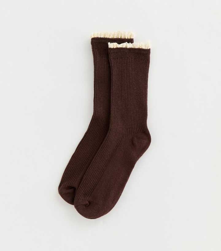 Dark Brown Ribbed Crochet Frill Ankle Socks