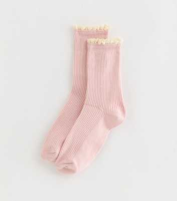 Light Pink Ribbed Crochet Frill Ankle Socks